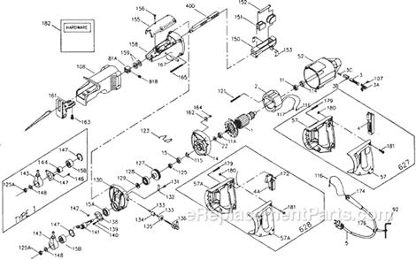 Page A Diagram and Parts List for 627 Type 1 Porter Cable Reciprocating Saw